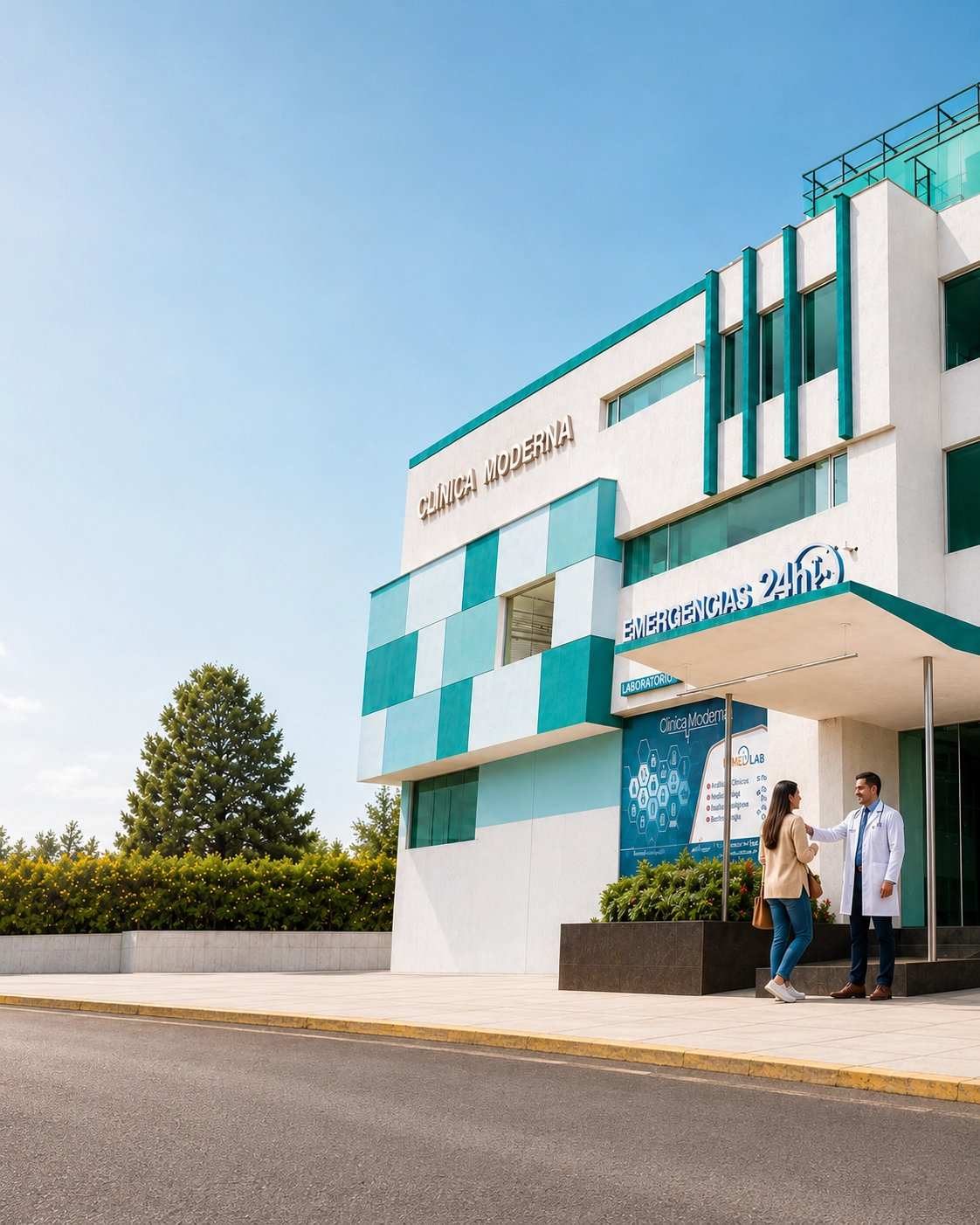 Fachada de Clínica Moderna Quito con atención médica humana en la entrada